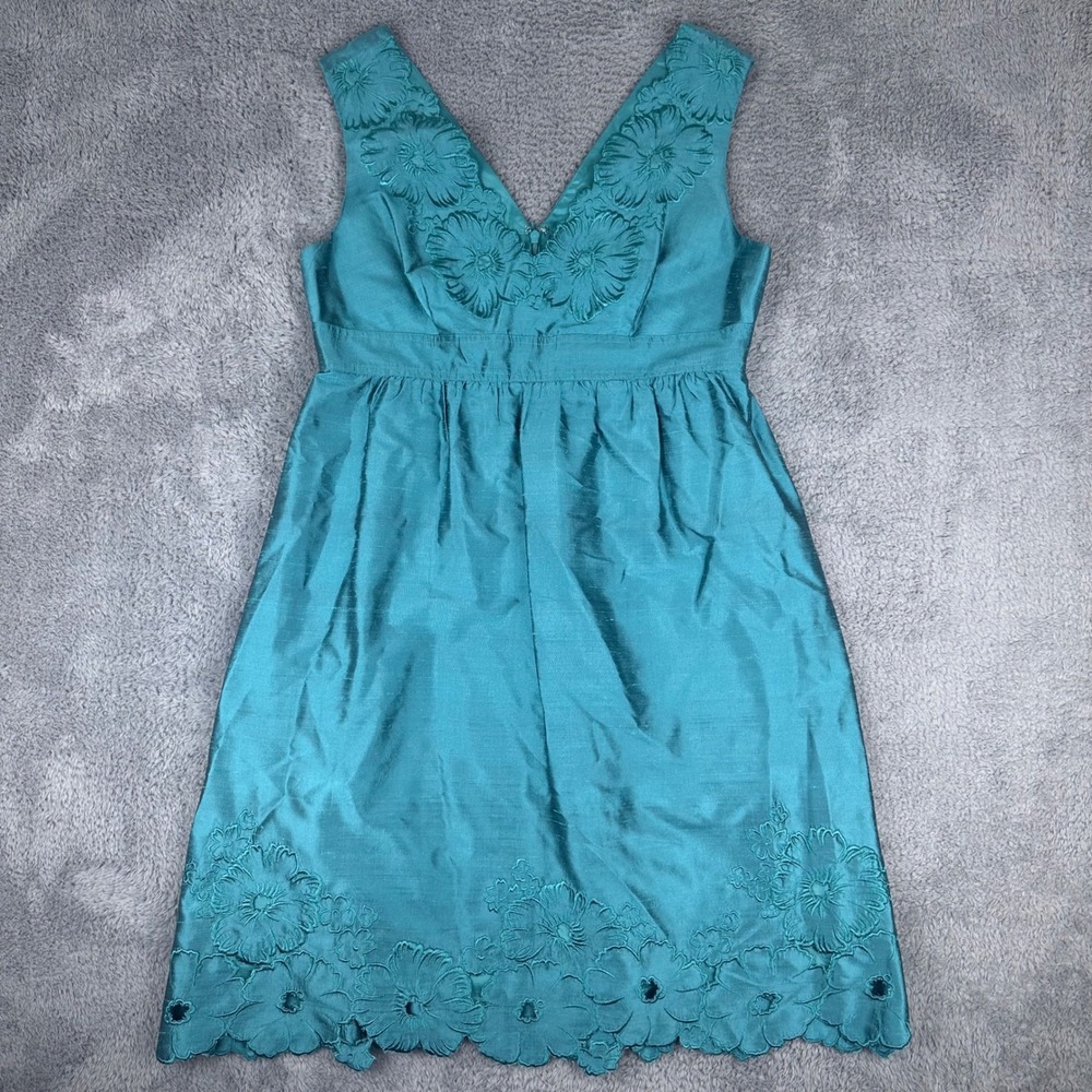Adrianna Papell Cocktail Dress Womens‎ 12 Green Floral Embroidered Scalloped